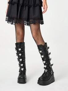 ROMWE Grunge Punk Bốt cao đến đầu gối bằng da PU tối màu thời trang mới 2025 dành cho nữ, mùa thu/đông, bốt cưỡi ngựa đế dày phong cách Punk có thắt lưng và khóa dơi - màu đen - Xem 2
