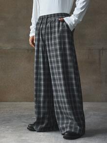 AXEPEAK 男士休闲日常格子阔腿裤，秋季 - 藏蓝色 - 查看 4