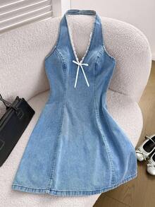 Comfortcana Women's Casual Halter Denim Mini Bodycon Dress, Blue,Summer Outfits For Women,Rave Outfit,Open Back Dress,Gyaru Outfits,Tie Front Dresses,Outfits,Y2k Clothes Women,Country Concert Outfit,Cruise Attire Women,Festival Outfits For Women,Concert Outfit Women,Rave Outfits Festival,Cowgirl Outfits For Women