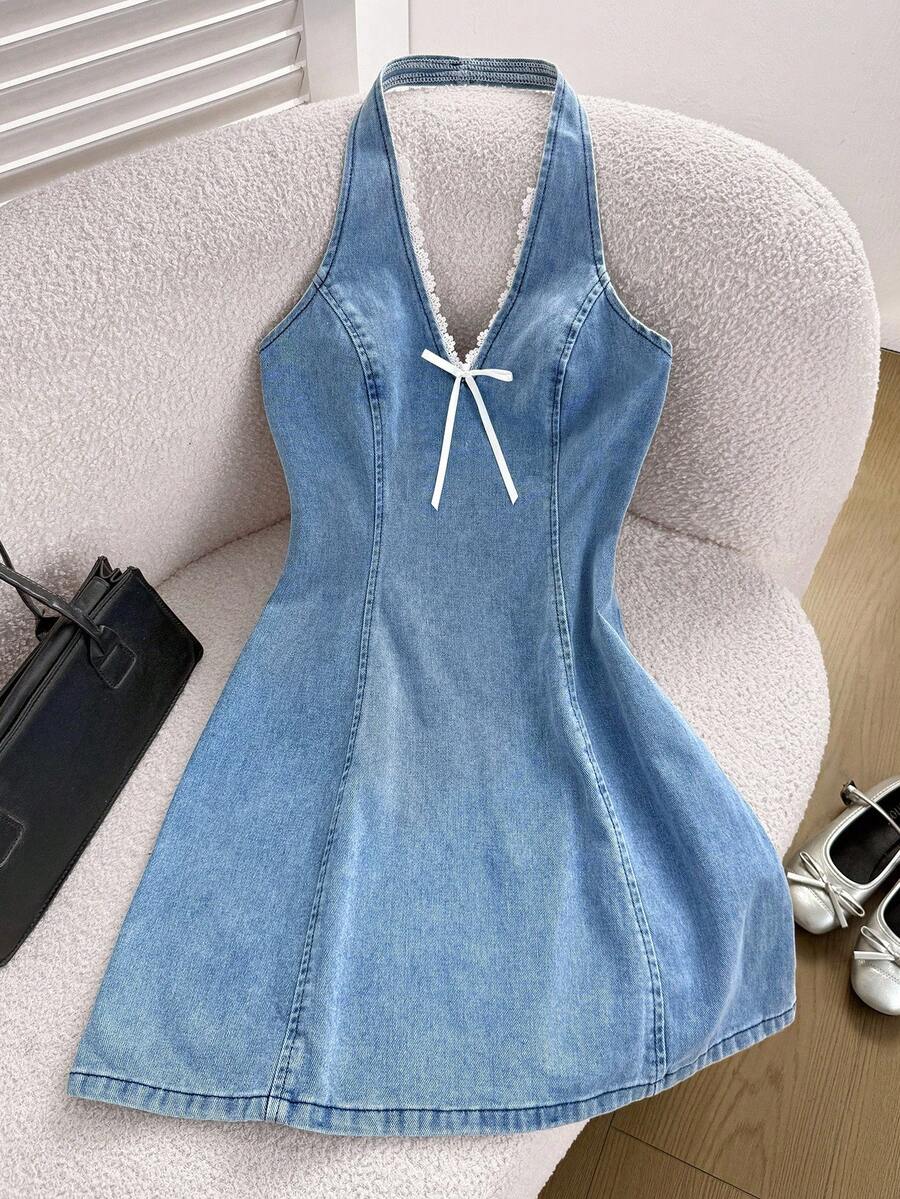 Comfortcana Women's Casual Halter Denim Mini Bodycon Dress, Blue,Summer Outfits For Women,Rave Outfit,Open Back Dress,Gyaru Outfits,Tie Front Dresses,Outfits,Y2k Clothes Women,Country Concert Outfit,Cruise Attire Women,Festival Outfits For Women,Concert Outfit Women,Rave Outfits Festival,Cowgirl Outfits For Women