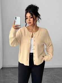 Elenzga Kardigan z długim rękawem i jednolitym kolorem w dużym rozmiarze, zapinany na złote guziki