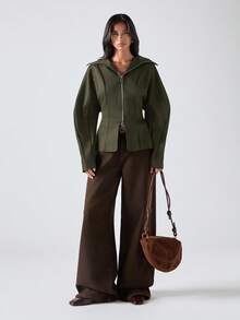 LYSMO 女士纯色简约休闲长袖拉链夹克秋冬女装 - 軍綠色 - 查看 5