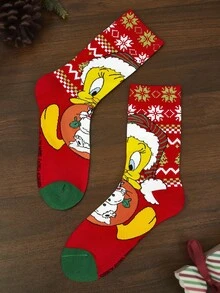 LOONEY TUNES X SHEIN Soft & Breathable Moisture-Wicking Mid-Calf Socks Fashionable Festival Red Crew Reinforced Toe & Heel For Durability Unisex Christmas Winter,Gift - Multicolor - View 5