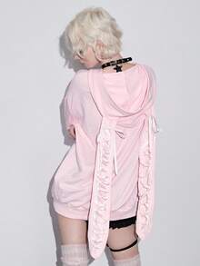 ROMWE Avant 女士和女孩可爱兔耳蕾丝蝴蝶结标点刺绣装饰宽松运动衫 - 粉色 - 查看 2