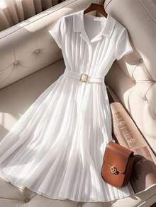 SHEIN Clasi 女士纯色短袖单排扣褶皱休闲中长衬衫裙 - 白色 - 查看 1