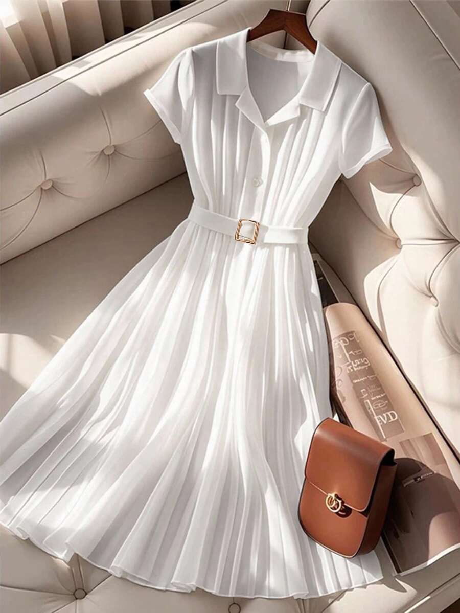 SHEIN Clasi 女士纯色短袖单排扣褶皱休闲中长衬衫裙 - 白色 - 查看 1