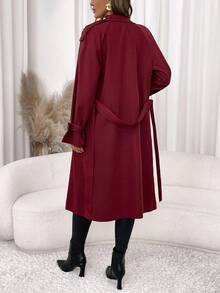 SHEIN Clasi 女士圣诞节，优雅插肩袖双排扣腰带酒红色长款风衣，秋冬季万圣节圣诞节女士冬季风衣 - 酒紅色 - 查看 2