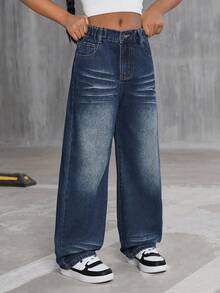 Tween Girls' Comfortable & Versatile Street Style Washed Dark Blue Distressed Loose Waist Jeans Fall Winter - Dark Wash - View 6