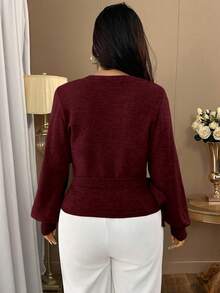 Auvina 1 件女士加大码优雅系带长袖针织开衫，适合秋冬季 - 酒紅色 - 查看 2