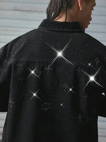 AXEPEAK Men Washed Rhinestone Denim Jacket, Brand High-End Lapel Stylish Short Jacket, Fall - Black - View 6