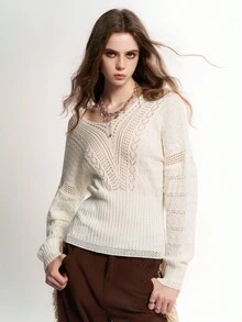 Bloopia Retro Bohemian Chic Casual Personalized Minimalist V-Neck Drop Shoulder Hollow Knit Sweater For Women, Autumn/Winter, Halloween Design