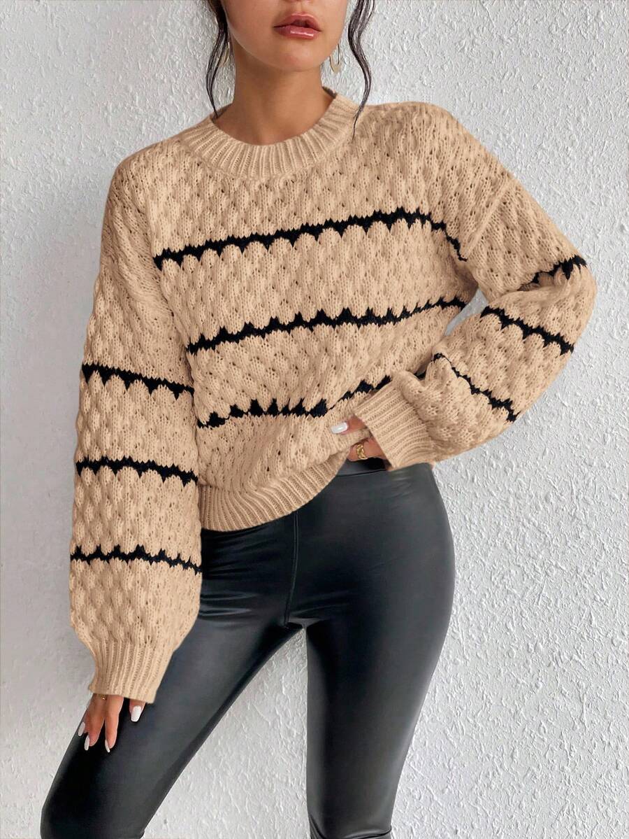 EMERY ROSE Women's Casual Everyday Commute Colorblock Striped Pattern Dropped Shoulder Loose Popcorn Knit Pullover Sweater, Autumn/Winter - Apricot - View 1