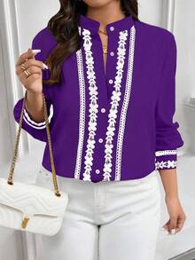 EMERY ROSE Plus Size Contrast Color Trim Collar & Cuff Casual/Work Wear Long Sleeve Shirt - Purple - View 8