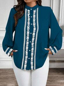 EMERY ROSE Áo sơ mi dài tay cổ và tay áo viền màu tương phản cỡ lớn mặc thường ngày/đi làm - Màu xanh ngọc - Xem 7