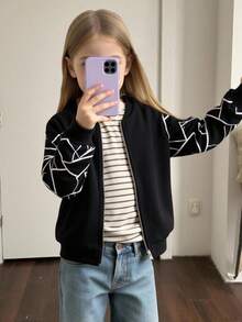 SHEIN 秋冬少女针织休闲宽松拉链长袖外套 - 黑色 - 查看 1