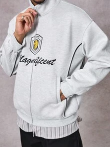 DAZY Men's Thermal Lined Short Stand Collar Graphic Letter Print Sweatshirt Sweatshirt, Autumn/Winter - Grey - View 4