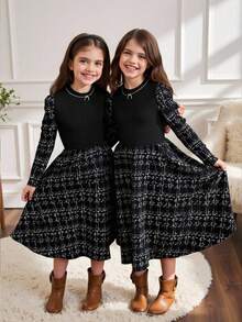 SHEIN Young Girl Casual Minimalist Elegant Gigot Sleeve Midi Dress Fall Winter - Black - View 2