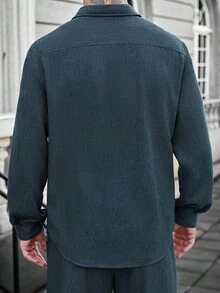 Manfinity CasualCool Men's Solid Color Casual Linen Long Sleeve Shirt, Fall Teal Men Shirt Casual Men Shirt Boho Men Shirt Men Textured Shirt Men Shirts Linen, Formal - Green - View 2