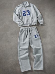 Manfinity Campus Court 男士休闲通勤学校运动风数字印花立领半拉链套头卫衣和抽绳腰运动裤套装，秋冬款 - 淺灰色 - 查看 5