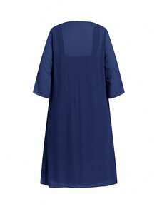 Ellevyn Conjunto elegante de chaqueta de manga 3/4 de frente abierto y vestido con tirantes gruesos para mujer de talla grande de unicolor - Azul Marino - Ver 8