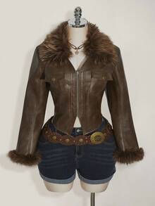 SHEIN ICON Plus Size Brown PU Leather Collar Patchwork Short Jacket In Fall/Winter