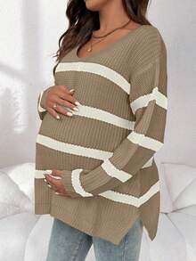 SHEIN Suéter de punto de manga larga casual de color contrastante para maternidad - Caqui - Ver 4