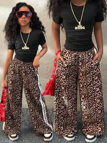 Coolane Kids Tween Girls Four Seasons, Daily Wear Athleisure,Black Solid Knit Crew Neck Short Sleeve Top And Leopard Print Wide Leg Pants Set,Basic 2pcs/Two Piece Comfortable ,Halloween,  Christmas - Multicolor - View 1
