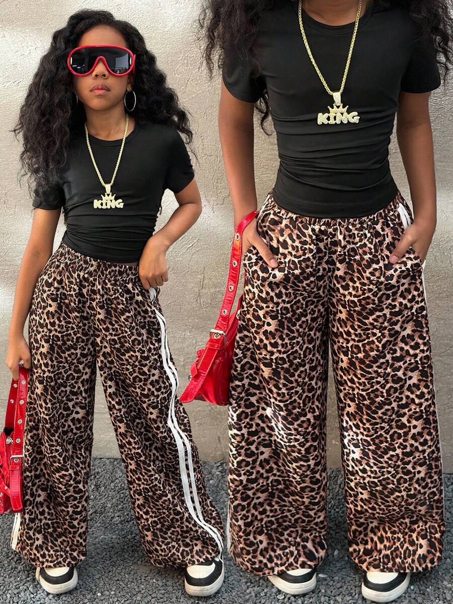 Coolane Kids Tween Girls Four Seasons, Daily Wear Athleisure,Black Solid Knit Crew Neck Short Sleeve Top And Leopard Print Wide Leg Pants Set,Basic 2pcs/Two Piece Comfortable ,Halloween,  Christmas - Multicolor - View 1