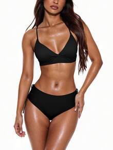 Swim Basics 2026 Spring/Summer 2pcs Women Black Beach Outfit, Deep V Backless Ruched Wireless Swimsuit, Casual Summer Beach Swimwear - Black - View 6