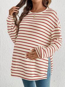 SHEIN 孕妇休闲条纹圆领落肩长袖运动衫双层衬里上衣女款条纹上衣毛衣上衣条纹长袖 - 紅白色 - 查看 5
