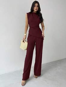 Firerie Khaki Minimalist Elegant Casual Commute Office Outfit: Sleeveless Asymmetric Ruched Waist Women's Blouse + Regular Ruched Wide Leg Women's Pants, Linen Commute Suit, Beach Outfits For Women, Airport Outfit, Vacation Outfits, Teacher Outfit