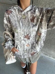 SHEIN Glowzi 青少年女孩運動休閒寬鬆版型復古迷彩樹枝葉片印花連帽衛衣，秋季街頭風冬季假期迷彩衛衣 - 軍綠色 - 查看 2