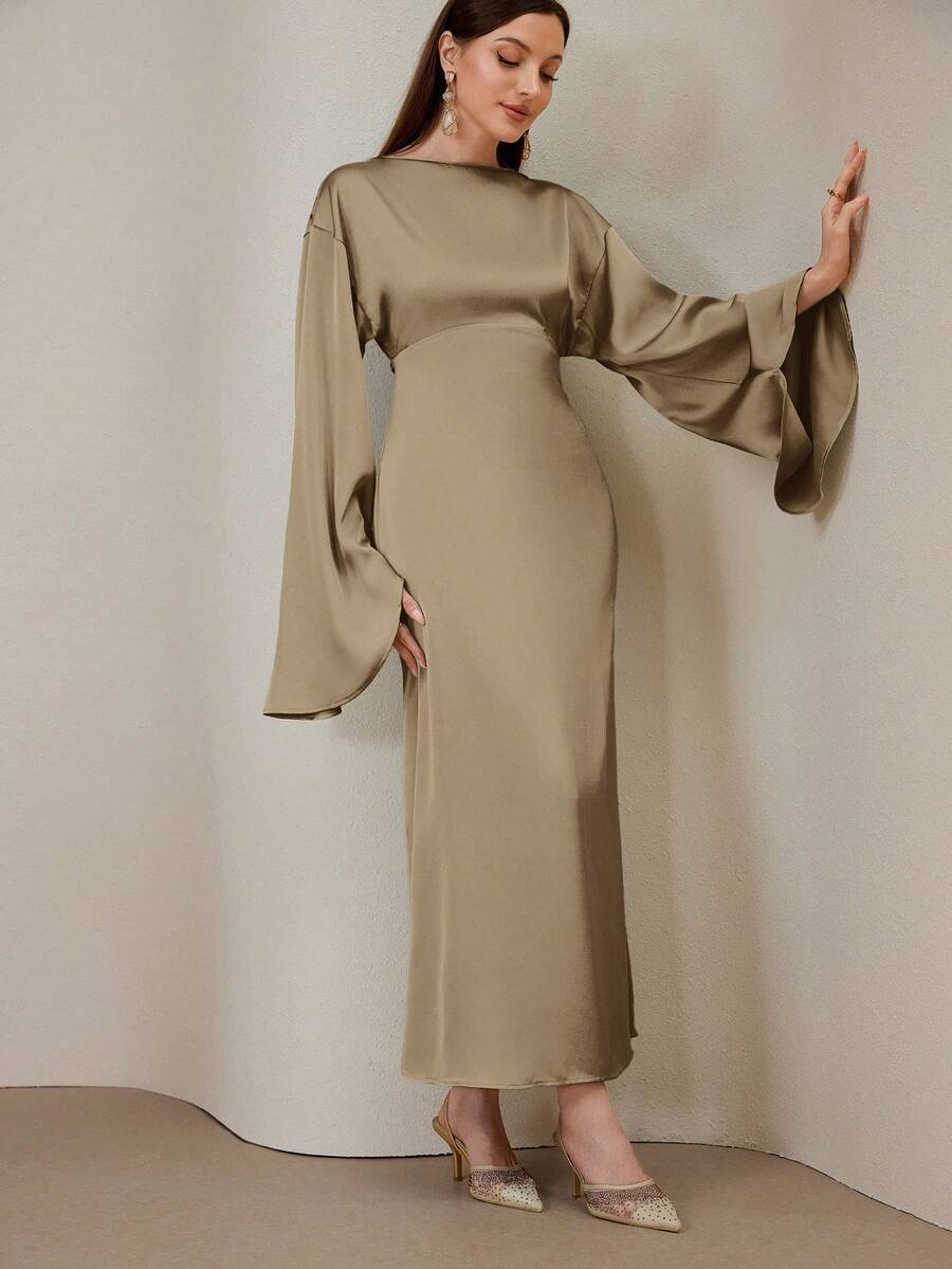 Veilorie 女式优雅纯色束腰长袖连衣裙 - 卡其色 - 查看 1