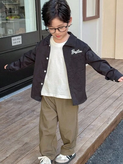 Genkimix Kids 男孩休闲装，黑色衬衫搭配卡其色裤子，轻盈梭织长裤，清新时尚，适合上学或户外玩耍