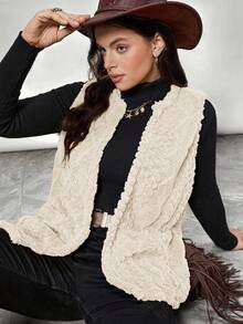 SHEIN LUNE 大码女式休闲毛绒纹理双口袋前开背心，适合秋季大码秋装 - 米色 - 查看 1