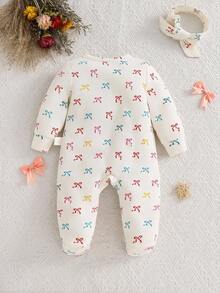 SHEIN 新生女婴樱桃图案圆领长袖前拉链针织连体衣带头带 2 件套 - 彩色 - 查看 2