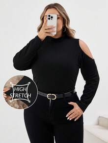 SHEIN CURVE+ Casual Simple Slim Cold Shoulder Plus Size Turtleneck T-Shirt, Autumn/Winter - Black - View 1