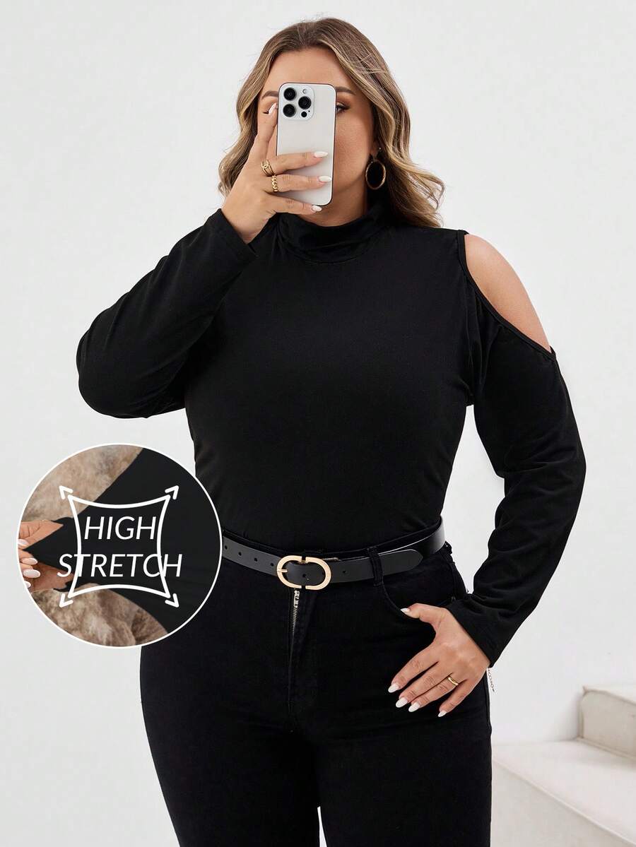 SHEIN CURVE+ Casual Simple Slim Cold Shoulder Plus Size Turtleneck T-Shirt, Autumn/Winter - Black - View 1