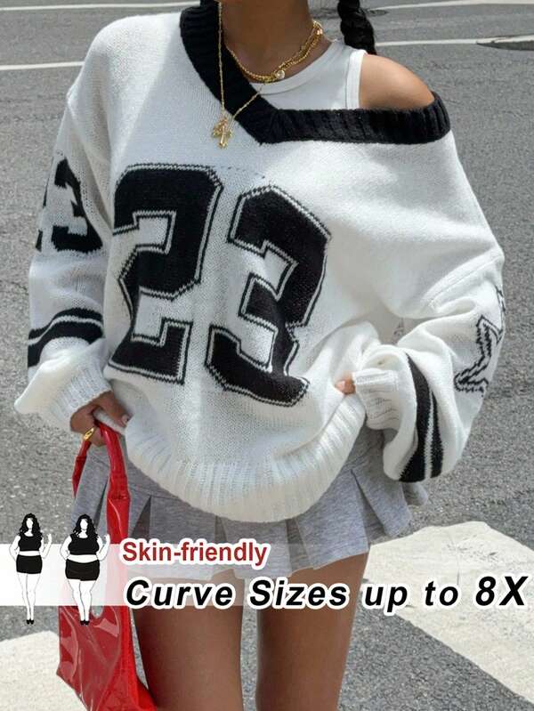 SHEIN CURVE+ Plus Size Women Casual Summer/Fall Drop Shoulder Plus Size V-Neck Football Letter Jacquard Sweater,Couple Same Style