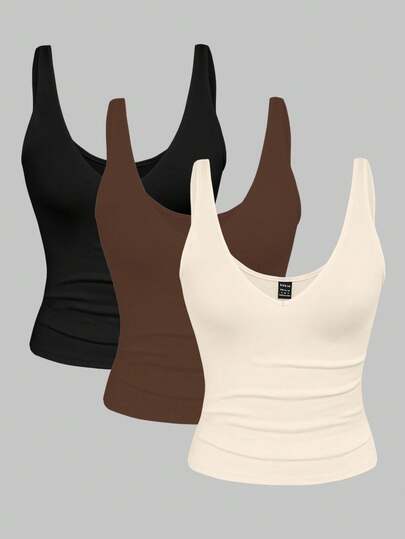 2pcs/Set Plus Size Women Leopard Print & Solid Color V-Neck Cropped Tank Tops, Summer