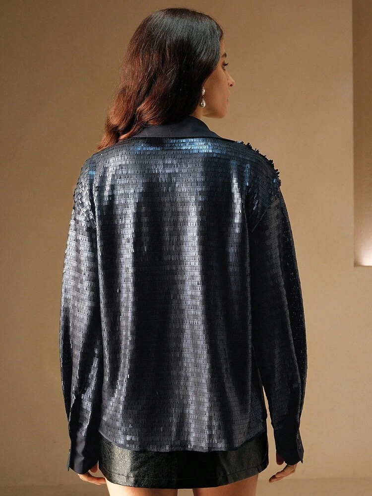 Autumn New Sequin Embellished Blouse For Women, Navy Blue, Luxury High-End Party Top With Pockets, Fashionable Sparkling Shirt