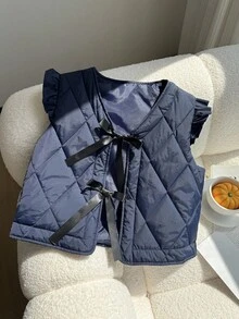SHEIN Chaqueta de invierno con cuello en V y mangas cortas con decoración de lazo para niña preadolescente