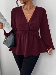 Firerie 大码休闲扭纹下摆长袖衬衫，绿色 - 玫瑰紅 - 查看 3