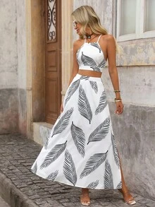 Brillora 热带印花露背吊带背心和开衩大腿裙两件套 - 彩色 - 查看 3