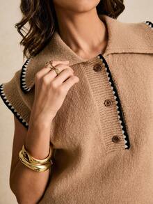 Poéselle Women's Floral Trim Polo Collar Casual Loose Knit Vest - Apricot - View 3