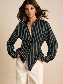 Poéselle Áo sơ mi sọc thời trang, áo crop top độc đáo, thiết kế nhiều lớp - màu đen - Xem 3
