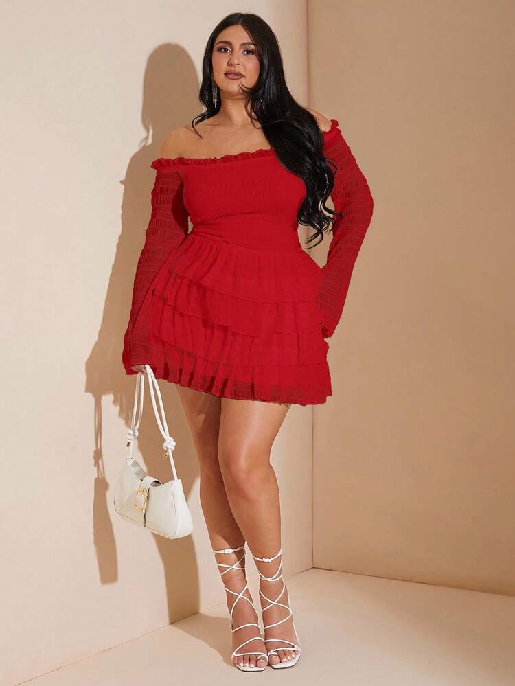 SHEIN BAE Váy mini trễ vai xếp ly xếp lớp màu trắng ngọt ngào và gợi cảm cỡ lớn - Đỏ - Xem 1