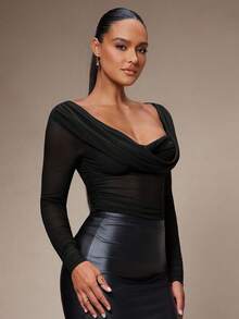 Silquee 女式纯色圆领修身长袖上衣，秋季 - 黑色 - 查看 5