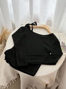 DAZY 女士休闲纯色不对称肩带长袖T恤露肩上衣可爱上衣 - 黑色 - 查看 8