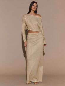 SHEIN BAE Damska jednokolorowa metaliczna, brokatowa, złota/srebrna dzianina z długim rękawem i obszernym, skośnym dekoltem na ramiona, elegancka narzutka na przyjęcie koktajlowe, do klubu, na święta Y2K, dla dziewczyn z klasą, na wakacje